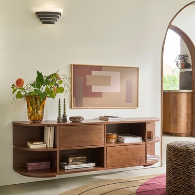 Hängendes Hifi-TV-Möbel in Nussbaum furniert, 2 Türen, 6 Nischen, B160 cm, MADDY LA REDOUTE INTERIEURS