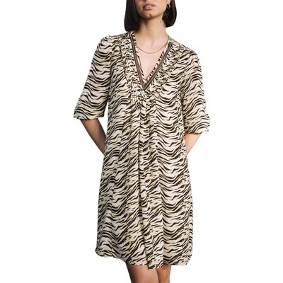 Robe courte blanche imprimée avec une coupe droite et un col v FREEMAN T. PORTER