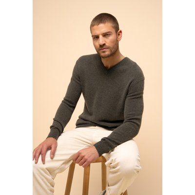 Pull Col V 4 Fils Kaki Chiné Nathan JUST CASHMERE