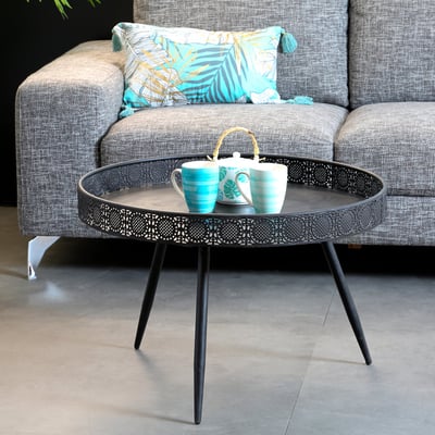 Table Basse Ronde En Bois Avec étagère - Design 2 Niveaux, Structure Métal Noir, 80 Cm De Diamètre, Rangement Intégré (couleur Nature)