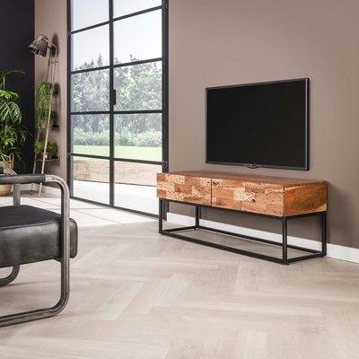 Meuble TV 120cm bois acacia massif 2 tiroirs style contemporain PERTH PIER IMPORT
