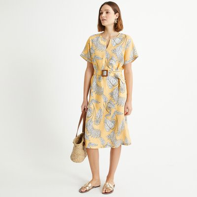 Linen Belted Midi Dress in Leaf Print ANNE WEYBURN