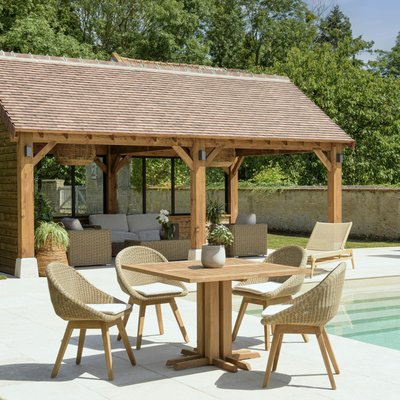 Salon de jardin teck naturel 1 table carrée 110 cm + 4 chaises arrondies résine tressée MANY PIER IMPORT