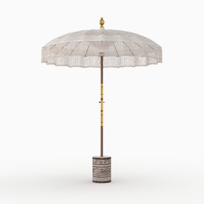 Ensemble parasol en macramé et pied de parasol en bois de suar - FAKÉLÉ RENDEZ-VOUS DÉCO