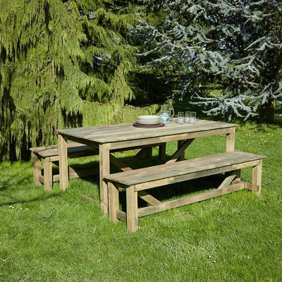 Salon de jardin avec bancs en bois Normand - 6 places CEMONJARDIN
