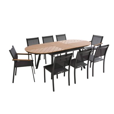 Table de jardin extensible en bois synthétique avec 6 chaises et 2 fauteuils, JAKARTA OVIALA