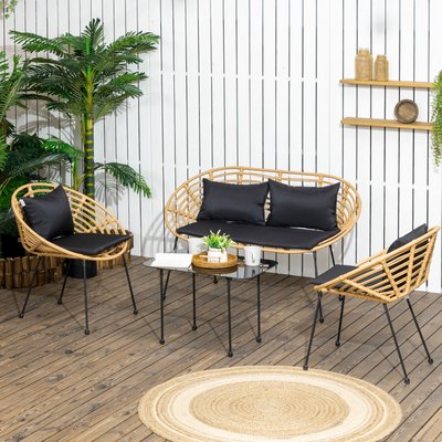Salon de jardin 4 places 4 pièces style exotique noir aspect rotin OUTSUNNY