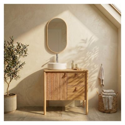 Meuble chêne 80cm sur pieds, vasque, robinet et miroir ovale JOY MOB IN