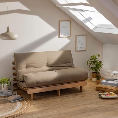 Ensemble matelas futon en coton et structure en bois massif taupe TERRE DE NUIT