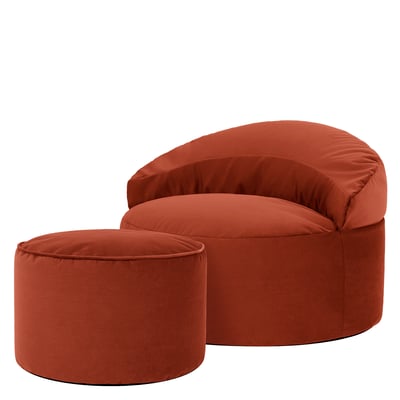 Pouf fauteuil d’appoint décoratif et son repose-pied rond en velours mat Oeko-Tex® - ORB ICON