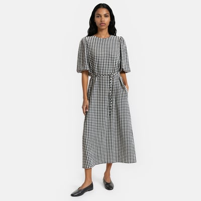 Robe évasée, imprimé vichy, en seersucker, longue, manches courtes ballon LA REDOUTE COLLECTIONS