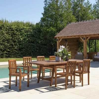 Salon de jardin teck huilé table pieds tréteaux 180/240 + 6 fauteuils MACAO PIER IMPORT