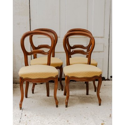 Lot de 4 chaises en bois et tissu jaune Claude N°1287 - Bon état DEBONGOUT