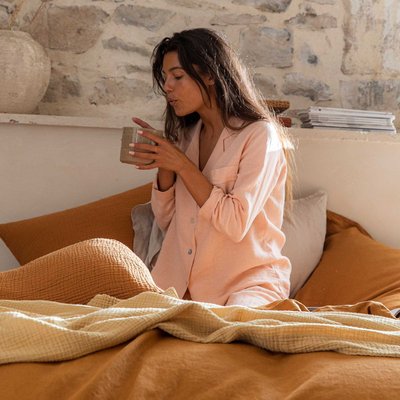 Veste de pyjama en lin coupe femme, RÊVE DE LIN BLANC CERISE