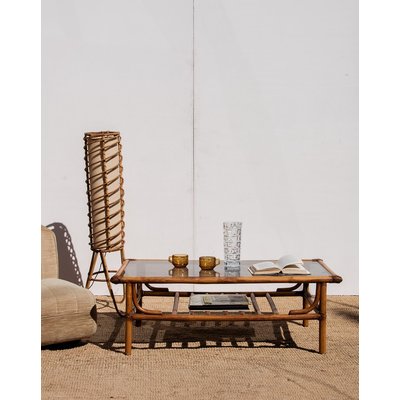 Table basse en rotin et verre Donna N°134 - Bon état DEBONGOUT