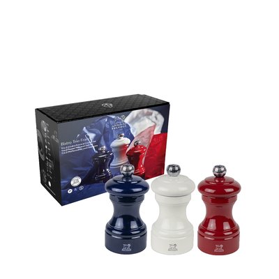 Bistro Trio France Trio 2 moulins Poivre et  1 moulin Sel, manuels en bois, bleu, blanc et rouge, 10 cm PEUGEOT