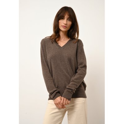 NORA pull col v taupe chiné en cachemire JUST CASHMERE
