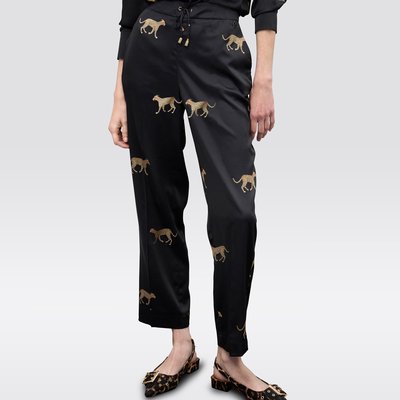 Pantalon fluide en satin imprimé silhouettes de félin LOLA CASADEMUNT