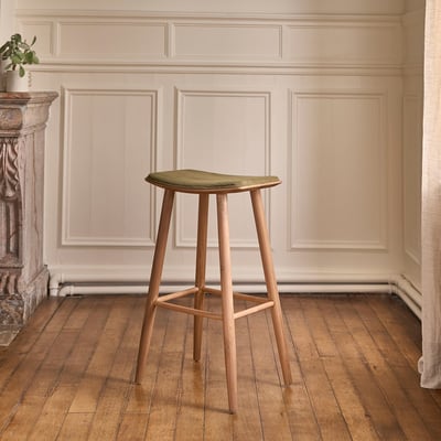 Tabouret de bar en teck massif et velours côtelé  AMBRE BERAH GETAH