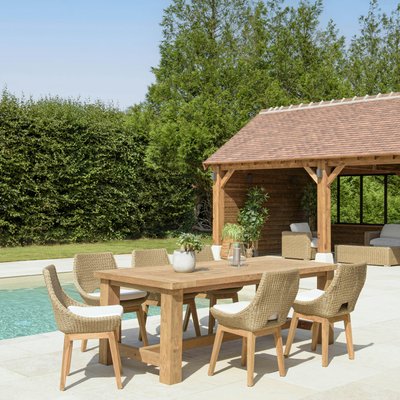 Salon de jardin teck naturel 1 table pieds droits 220 cm + 6 chaises résine tressée MANY PIER IMPORT