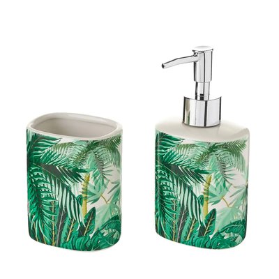 Set salle de bain feuillage tropical - distributeur savon + verre WADIGA