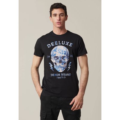 tshirt col rond avec tête de mort et fleurs bleues SIDEREAL DEELUXE