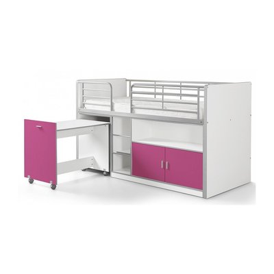 BONNY Lit mi-hauteur avec bureau et rangement  90x200 Fuchsia VIPACK