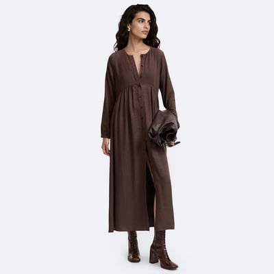 Robe longue fluide et évasée, col rond et manches longues LA REDOUTE COLLECTIONS