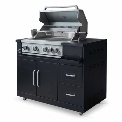 Meuble barbecue gaz 4 brûleurs + rôtissoire pour cuisine extérieure, MEMPHIS OVIALA