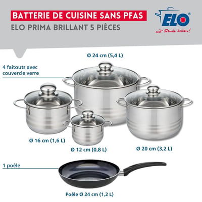 Batterie 1 poêle 24cm + 4 faitouts 12/16/20/24cm PRIMA BRILLANT ELO