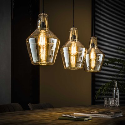 Suspension 3 lampes en verre ambré vintage LUCKNOW PIER IMPORT