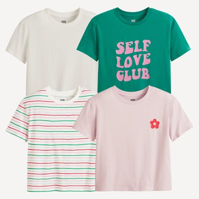 Lote de 4 t-shirts com gola redonda, mensagem, flores, riscas LA REDOUTE COLLECTIONS