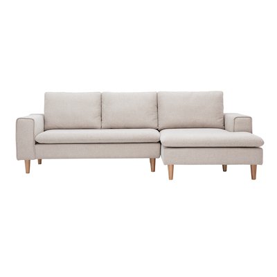 Canapé d'angle droit en tissu effet velours texturé beige et bois clair RAGNAR MILIBOO