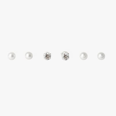 Set 3 paires de puces d'oreilles boules perle et zircon - argent 925 BALABOOSTE
