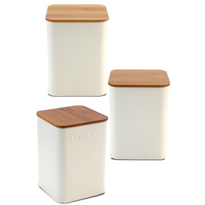 Set de 3 boîtes carrées de cuisine en métal blanc et bambou café, thé, sucre WADIGA