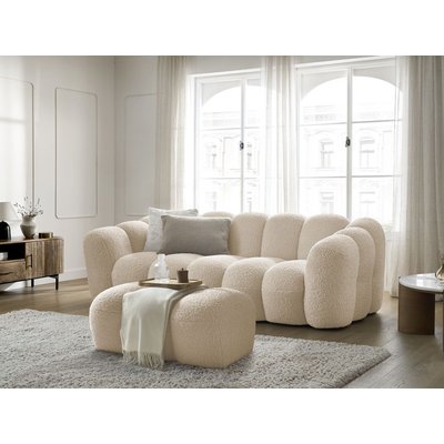 Canapé droit fixe 3 places en tissu bouclette avec pouf, HIPPOLYTE BOBOCHIC