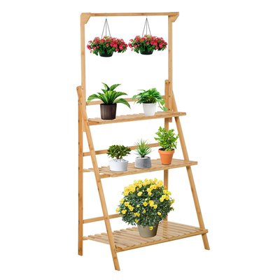 Étagère échelle à fleurs en bois de bambou - 3 étagères + barre support OUTSUNNY
