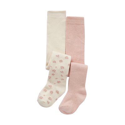 Lot de 2 paires de collants  à fleurs et en côtes VERTBAUDET