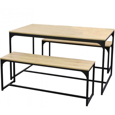 Table Salle à Manger en Bois et Métal + 2 Bancs WADIGA