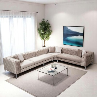 Canapé d'angle beige en velours capitonné - côté droit DOVER PIER IMPORT
