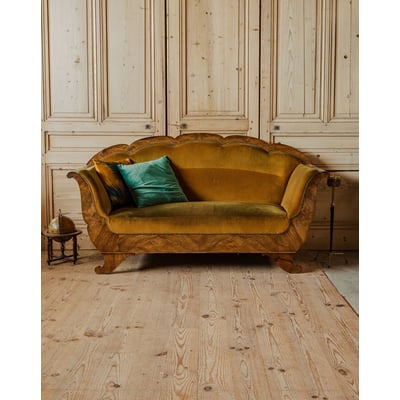 Banquette en bois et velours Martine N°50 - Bon état DEBONGOUT