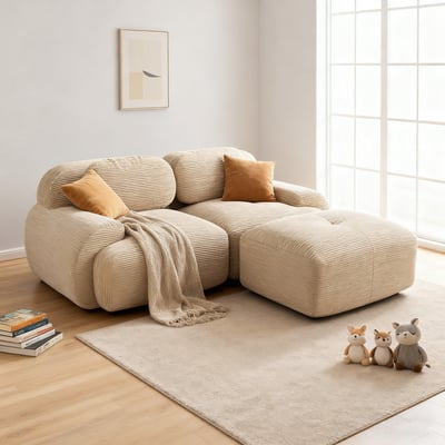 Canapé d'angle réversible 2 places avec pouf en velours côtelé, SNOW MEUBLES COSY