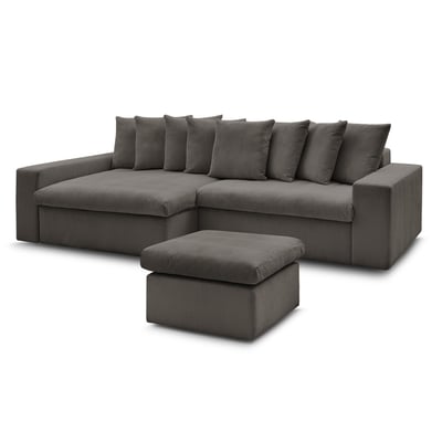 Canapé d'angle fixe 3 places en velours côtelé avec pouf, ENORE BOBOCHIC