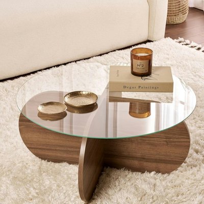 Table basse en verre - pied en croix effet noyer SALTA PIER IMPORT