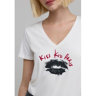 Flocked Slogan Print T-Shirt in Cotton Blend with Short Sleeves and V-Neck IKKS