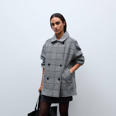 Manteau court à carreaux double boutonnage contenant de la laine MONOPRIX