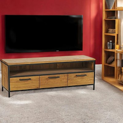 Meuble TV 150cm teck naturel recyclé 3 tiroirs poignées métal style contemporain PUNE PIER IMPORT