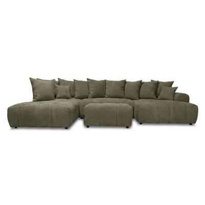 Canapé panoramique convertible 6 places en tissu bouclette avec pouf, ROXELANE BOBOCHIC