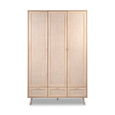 Armoire 3 Portes 3 Tiroirs et 2 Penderies L120 cm - Impression Rotin - BALI CALICOSY