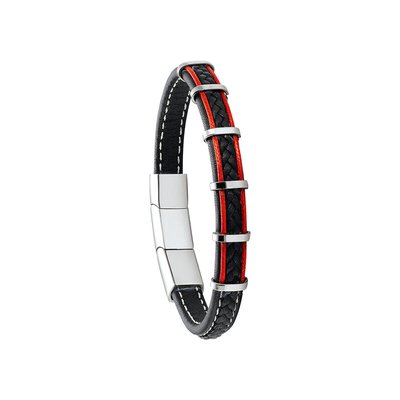 KESSEL - Leather bracelet, red thread, steel JOURDAN BIJOUX